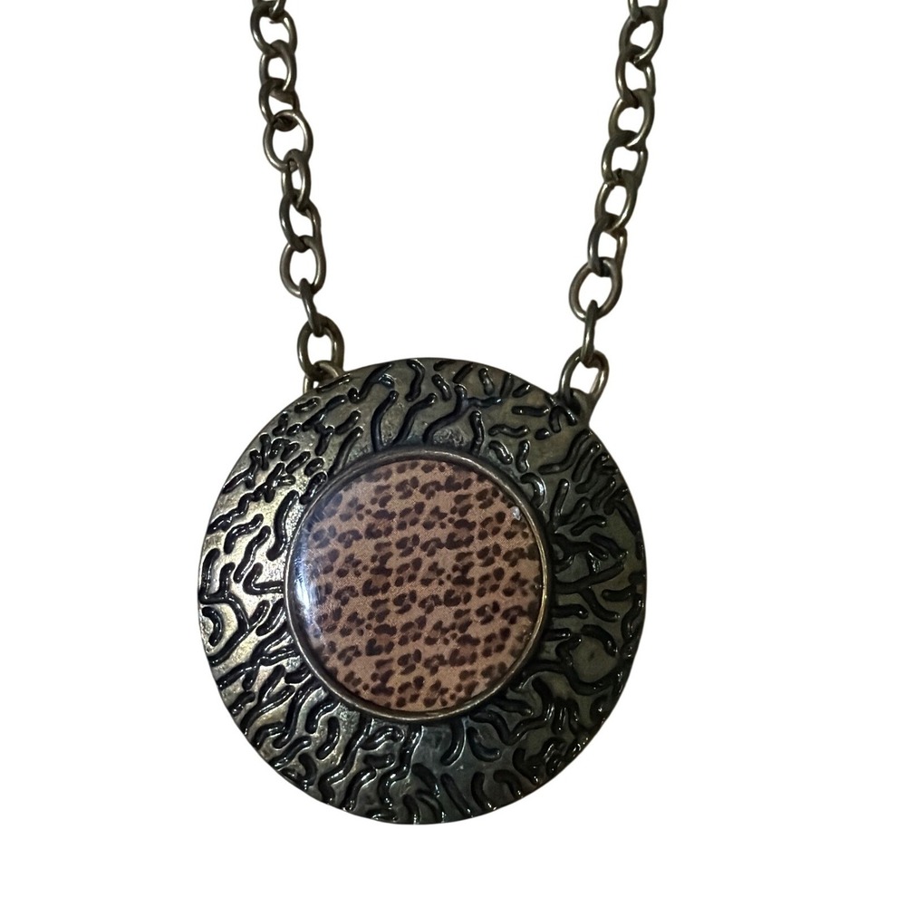Round Pendant Necklace‎ Cheetah Print Chain Boho Unique Gift Statement